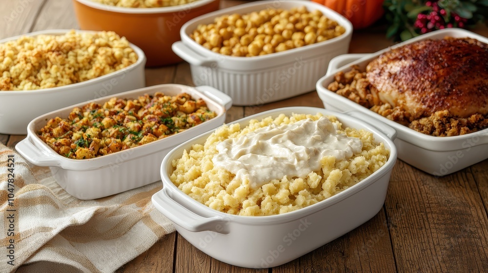 A variety of delicious side dishes and a roasted chicken, beautifully arranged in white serving dishes on a rustic wooden table. A variety of delicious side dishes and a roasted chicken, beautifully arranged in white serving dishes on a rustic wooden table.