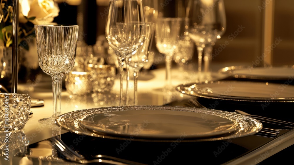 Chic corporate event venue with dim ambient lighting, elegant table settings, and crystal glassware, isolated on white Chic corporate event venue with dim ambient lighting, elegant table settings, and crystal glassware, isolated on white