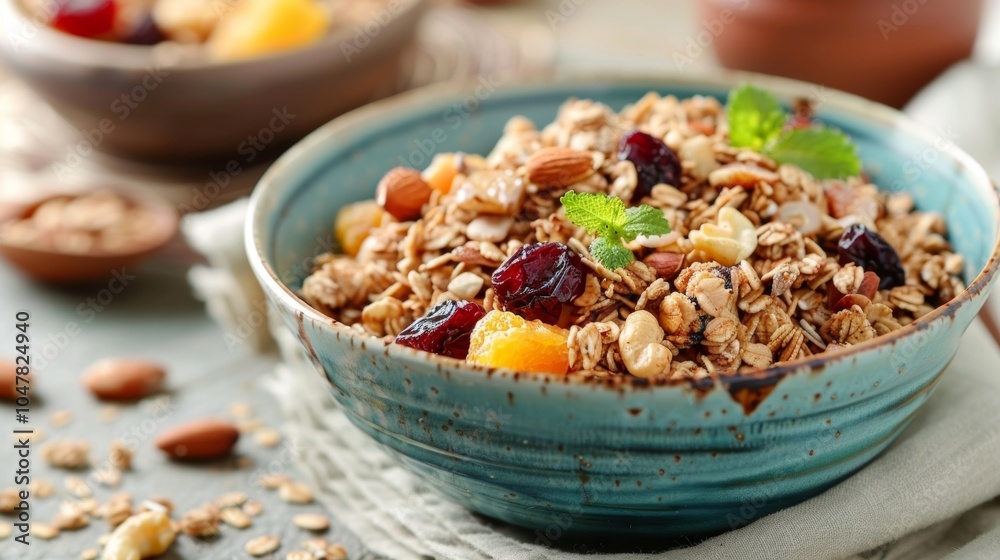 A bowl of buckwheat granola with dried fruit and nuts. A bowl of buckwheat granola with dried fruit and nuts.