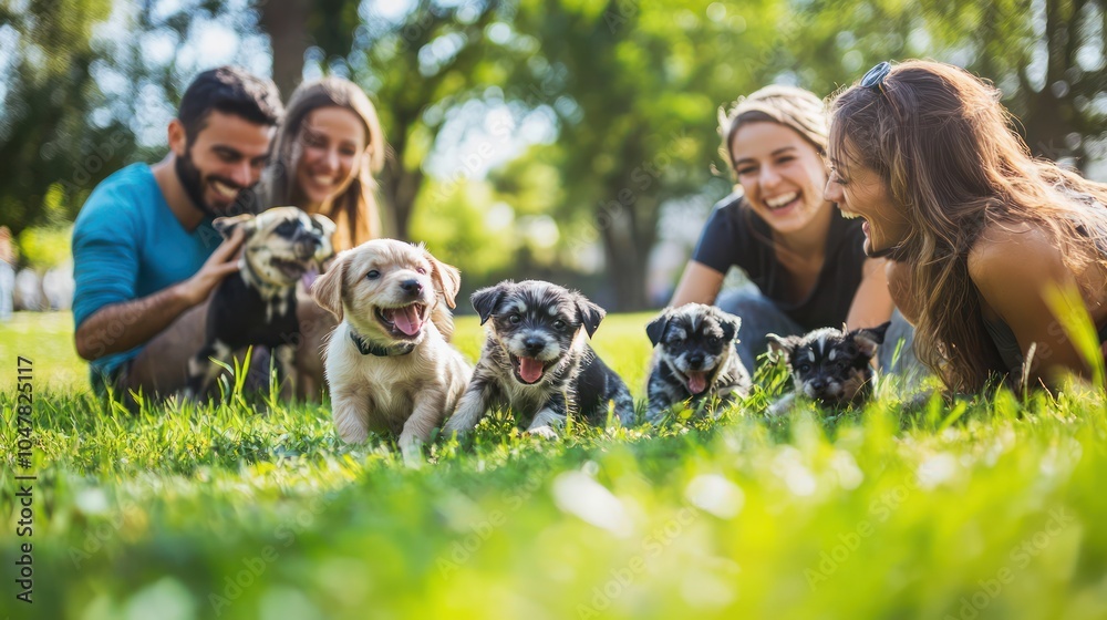 Friends Enjoying Playtime with Puppies in the Park Friends Enjoying Playtime with Puppies in the Park