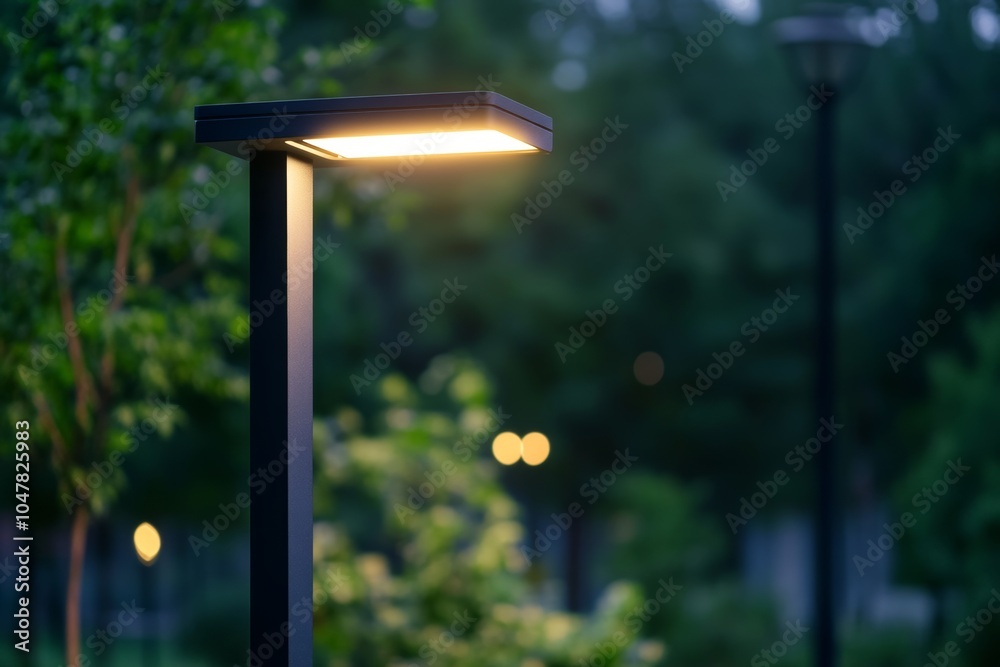 Modern urban LED lighting pole illuminating a park at dusk in an environmentally friendly setting Modern urban LED lighting pole illuminating a park at dusk in an environmentally friendly setting