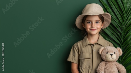 A young girl wearing a safari outfit, holding a teddy bear, smiling against a green background.