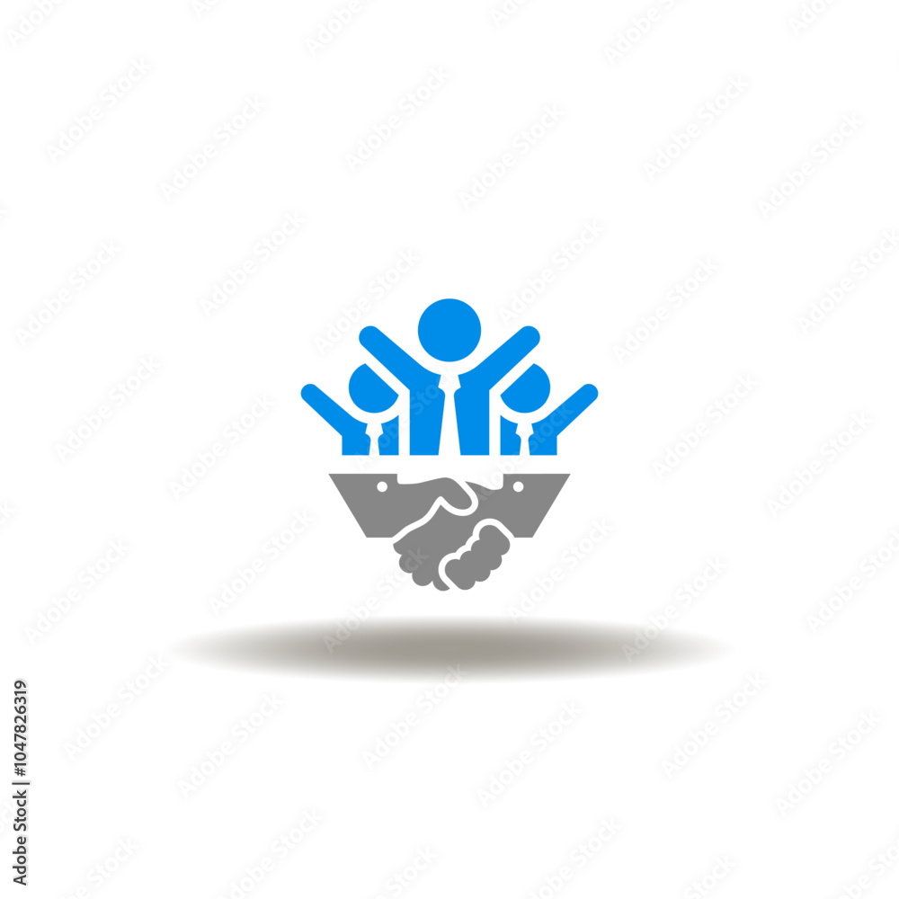 Vector illustration of handshake with team winner or happy. Symbol of win win. Icon of partnership, deal. Sign of trust.