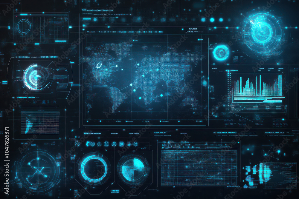 Fototapeta premium Futuristic data visualization interface displaying global information and analytics.