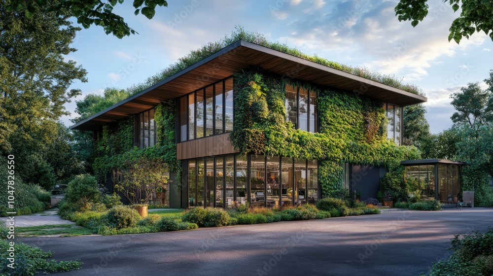 Modern Eco-Friendly Building Surrounded by Greenery Modern Eco-Friendly Building Surrounded by Greenery