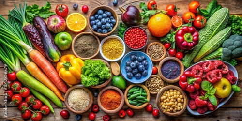 Colorful assortment of fresh vegetables, fruits, and superfoods on a wooden table, healthy eating, ingredients, nutrition