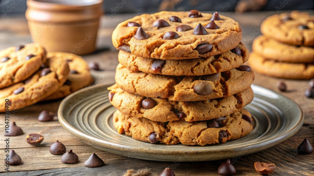 Close up view of homemade peanut butter cookies with chocolate chips stacked on a plate , peanut butter, cookies Close up view of homemade peanut butter cookies with chocolate chips stacked on a plate , peanut butter, cookies