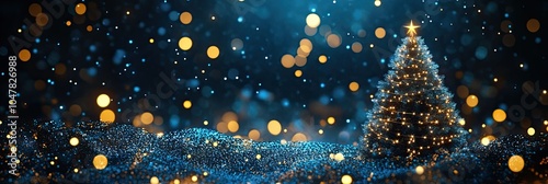Elegant Blue and Gold Christmas Background with Tree Star and Bokeh Lights - Empty Space for Text on Background