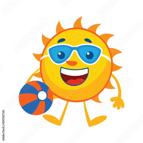 Happy Sun Mascot Logo with Sunglasses and Beach Ball Summer Fun Character Illustration