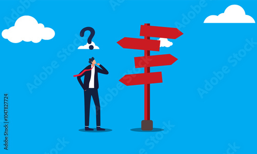 confusing businessman looking at multiple road sign with question mark and thinking which way to go. Business decision making, career path, work direction or choose the right way to success concept