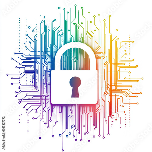 Vector illustration of digital security, a lock symbol with a circuit board pattern in the background on a white background