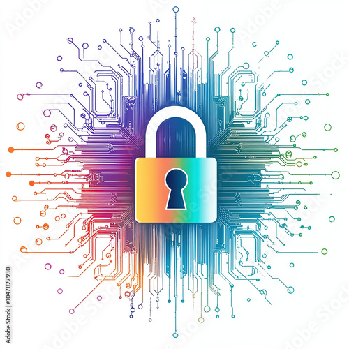 Vector illustration of digital security, a lock symbol with a circuit board pattern in the background on a white background
