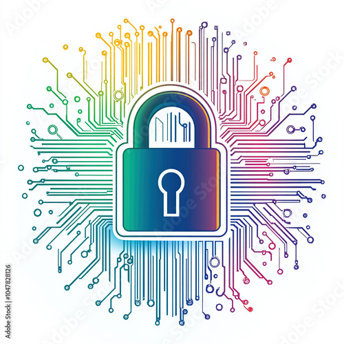 Vector illustration of digital security, a lock symbol with a circuit board pattern in the background on a white background
