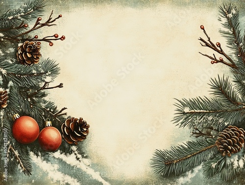 Vintage Mid-Century Christmas Card with Pinecones and Ornaments Border and Empty Space for Text