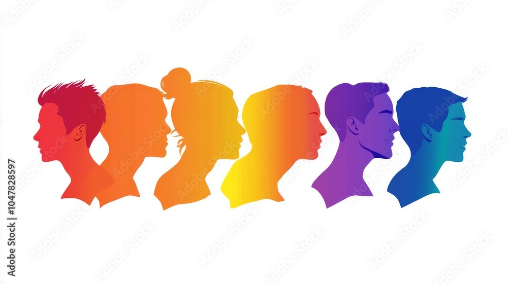 This image features a lineup of diverse silhouette profiles, each filled with vibrant gradient colors, showcasing unity and diversity in an abstract artistic style. This image features a lineup of diverse silhouette profiles, each filled with vibrant gradient colors, showcasing unity and diversity in an abstract artistic style.