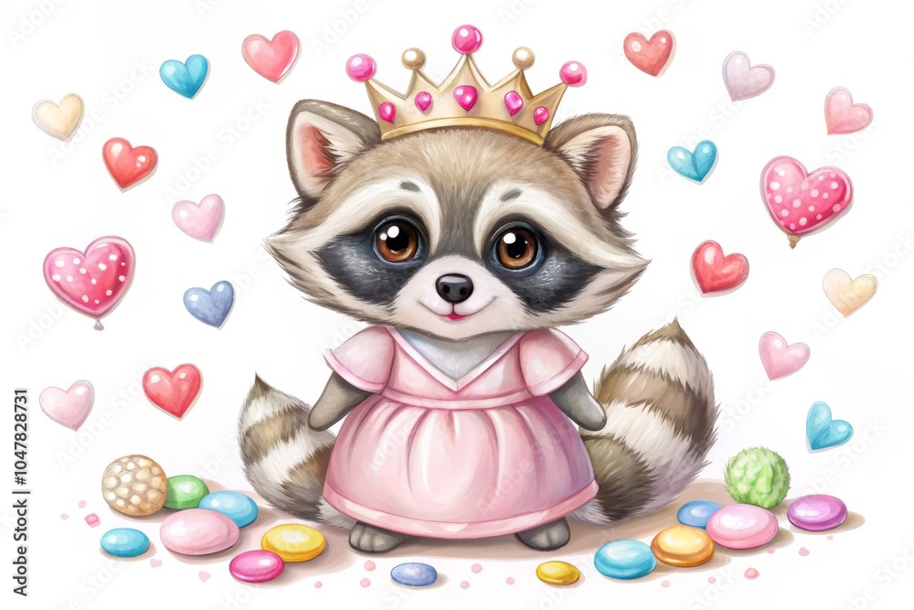 Fototapeta premium Adorable Raccoon Dressed as a Princess with Tiara in a Whimsical Forest Setting for Cute Imagery