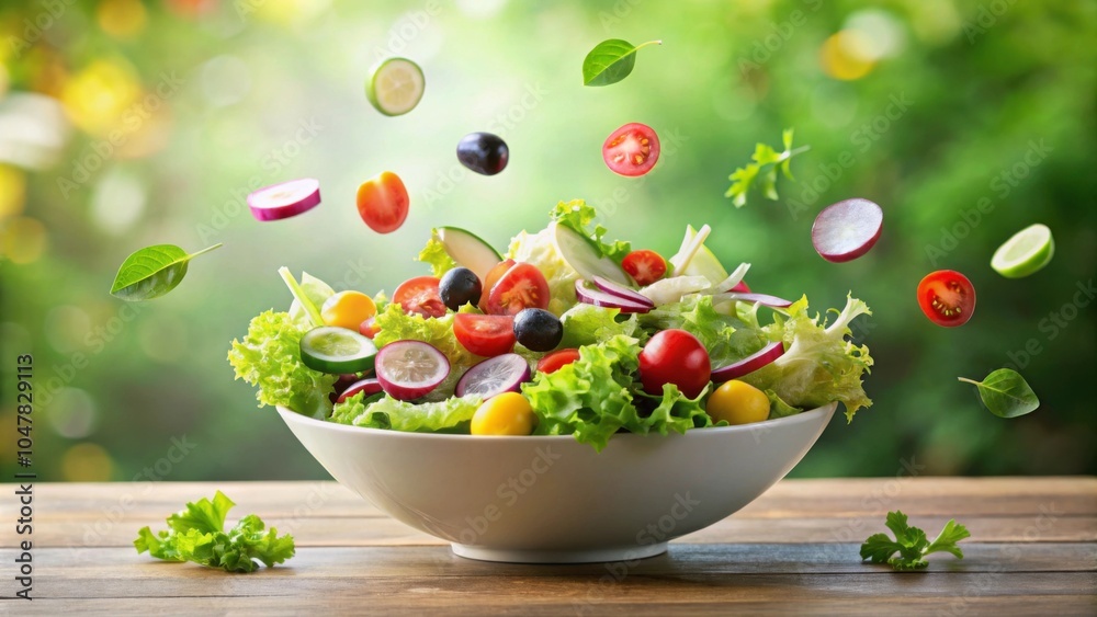 Fresh garden salad being tossed in a bowl , healthy, fresh, vegetables, tossed, mixing, organic, food, ingredients, preparation Fresh garden salad being tossed in a bowl , healthy, fresh, vegetables, tossed, mixing, organic, food, ingredients, preparation