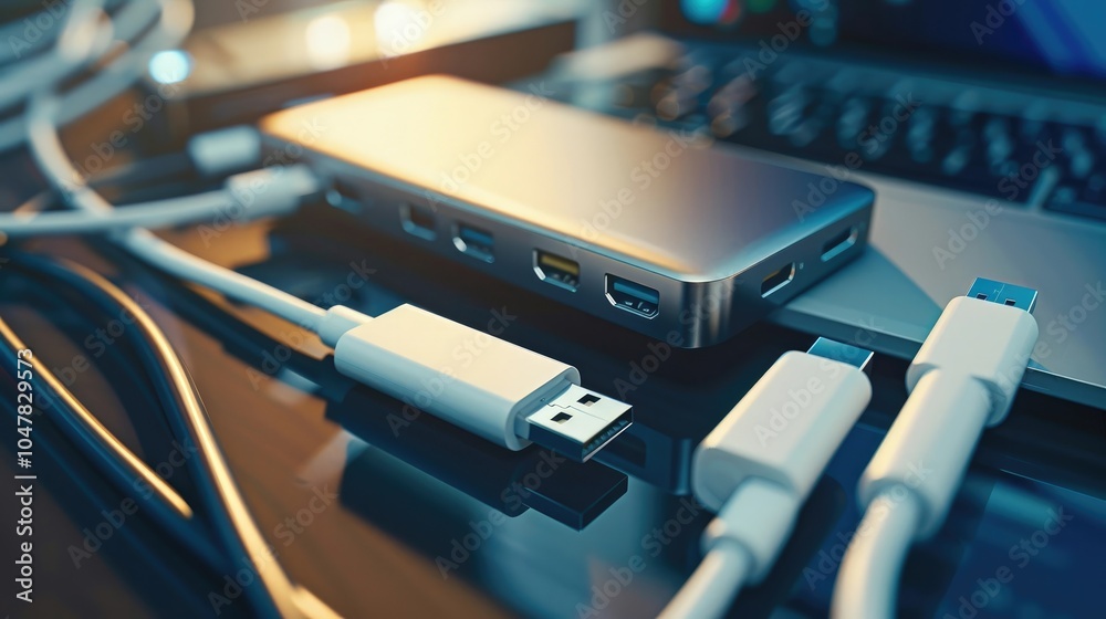 Sleek USB hub with multiple ports connected to various devices, showcasing modern design and functionality in a tech-focused setup.