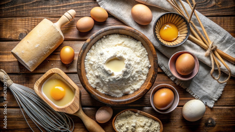 Close up of flour in a bowl surrounded by baking tools, sugar, milk, butter, and eggs, flour, bowl, baking tools, ingredients, sugar Close up of flour in a bowl surrounded by baking tools, sugar, milk, butter, and eggs, flour, bowl, baking tools, ingredients, sugar