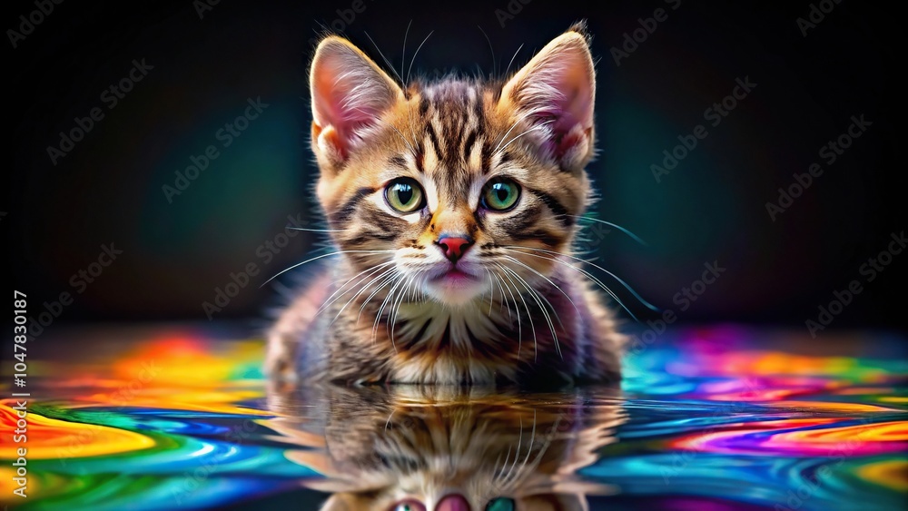 Symmetrical kitten with colorful paint on water surface Symmetrical kitten with colorful paint on water surface