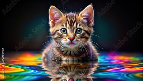 Symmetrical kitten with colorful paint on water surface
