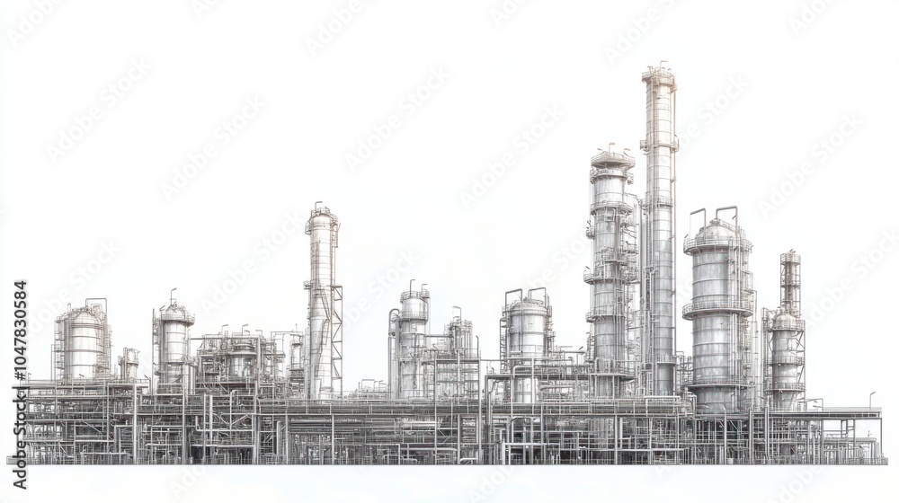 Detailed view of oil refinery distillation towers with pipelines, isolated on white background Detailed view of oil refinery distillation towers with pipelines, isolated on white background