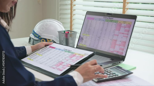Expert woman asian female people review data number costing managerial account prepare monthly actual cost variance report at tax audit office. ESG sheet budget control ERP process service project.