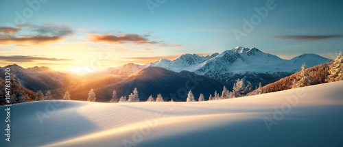 snow capped mountain ridges stretching into the distant horizon bathed in the soft warm glow of the sun s rays creating a serene and majestic landscape photo