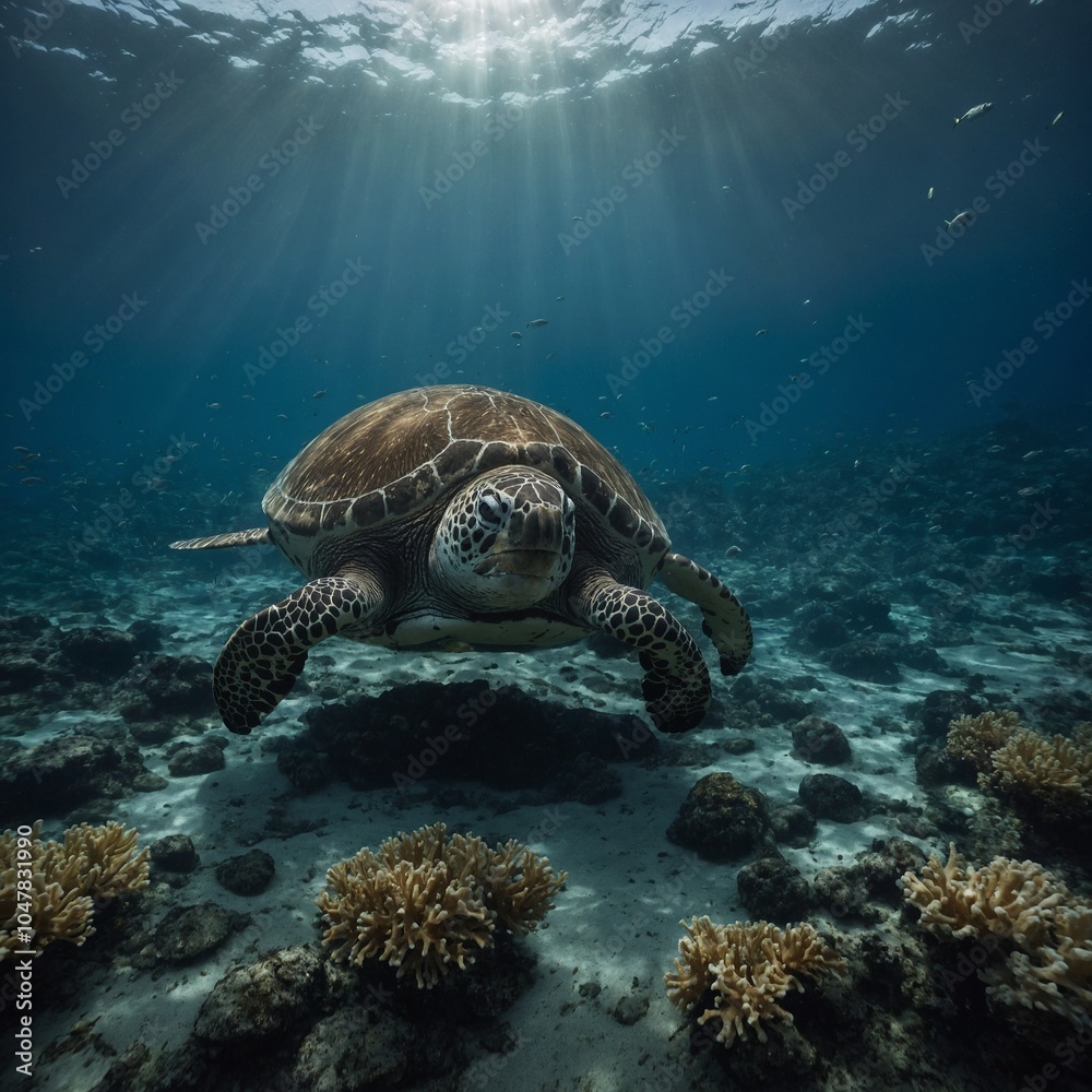 Fototapeta premium Beautiful Turtle at the floor of the ocean. Image made using Generative AI.
