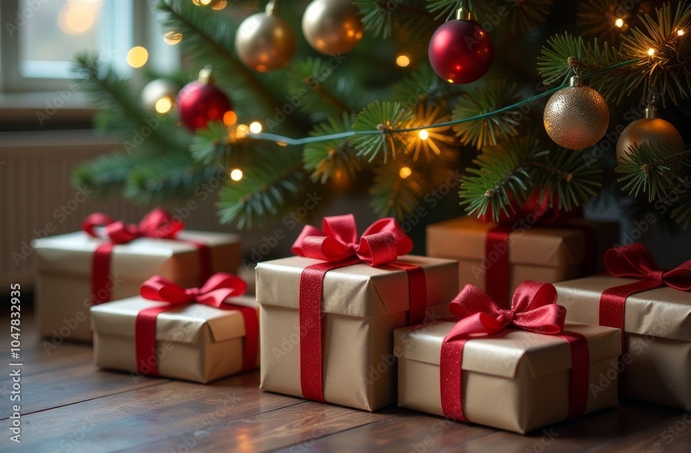 Festively wrapped presents beneath a decorated Christmas tree with ornaments and warm lights in a cozy room Festively wrapped presents beneath a decorated Christmas tree with ornaments and warm lights in a cozy room
