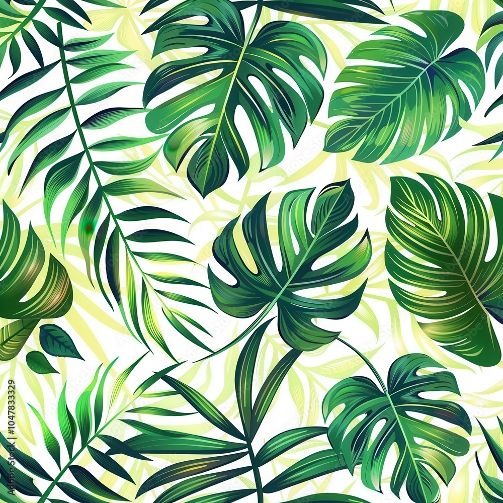 A richly detailed tropical leaf pattern showcases various green foliage, perfect for botanical-themed decor or apparel. Generative AI A richly detailed tropical leaf pattern showcases various green foliage, perfect for botanical-themed decor or apparel. Generative AI