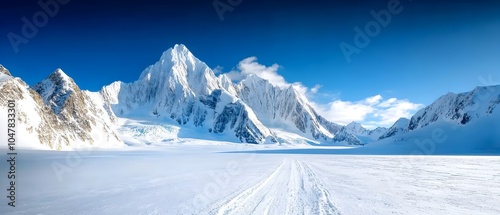 Breathtaking winter landscape with towering snow capped mountains reaching high into a clear blue sky This vast