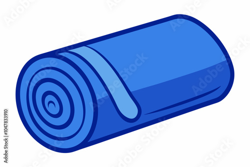 Single rolled up blue terry towel on white background