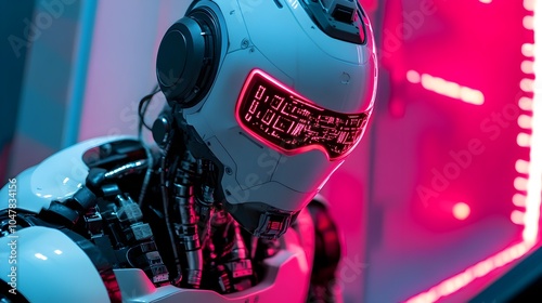 Humanoid Robot Repairing Advanced Autonomous Vehicle in Futuristic Workshop Illuminated by Intricate Neon Blue and Pink Lighting