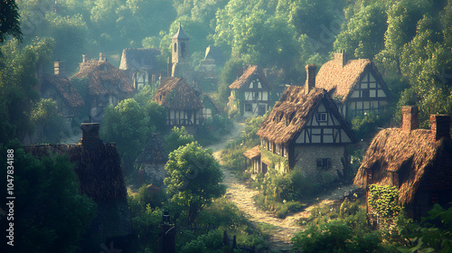 Serene Village Landscape Featuring Thatched Cottages and Winding Streets Under a Clear Sky