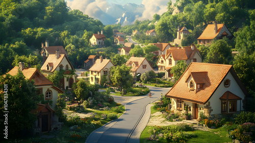 Wallpaper Mural Peaceful Village Scene Featuring Winding Streets and Quaint Cottages at Sunset Torontodigital.ca