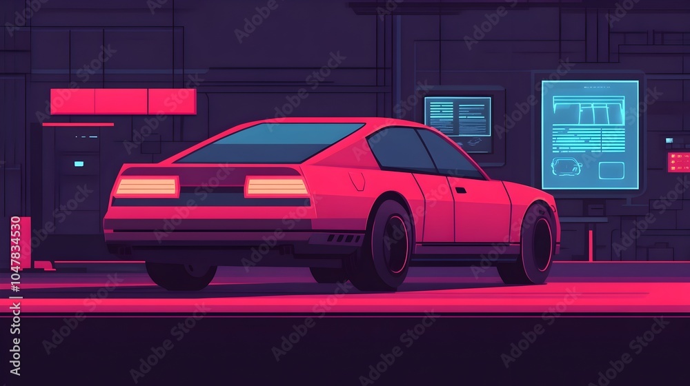 Fototapeta premium Mechanized robot diligently performing advanced maintenance procedures on a luxury electric vehicle in a futuristic neon lit workshop surrounded by holographic displays and high tech equipment
