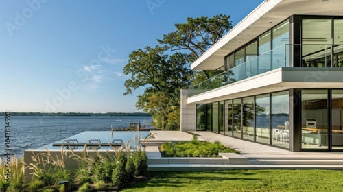 Modern Waterfront Home with Pool and Landscaping