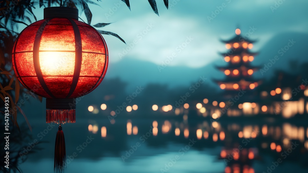 Fototapeta premium Red Lantern Hanging Near Pagoda With Water Reflection and Lights at Night