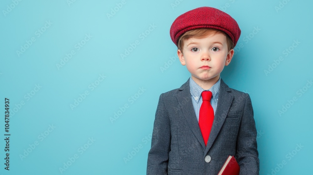 Young boy in suit and red hat, posing against a blue background.