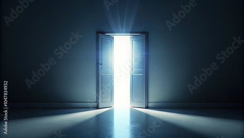 Symmetrical light shining through open door in darkness