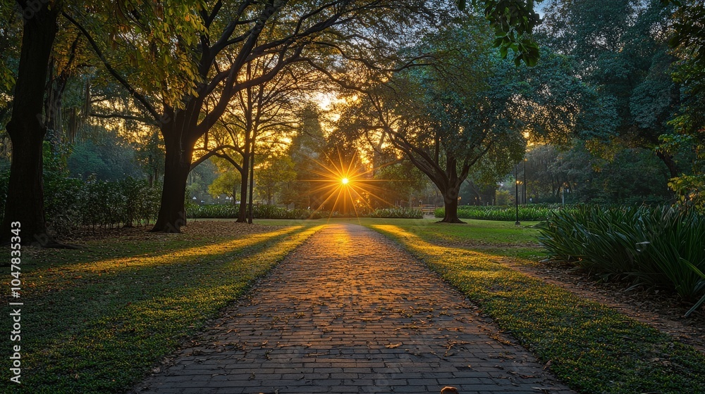 Obraz premium Serene Sunset at a Botanical Garden Pathway