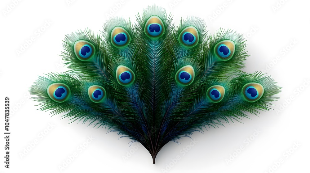 Fototapeta premium Peacock Feathers Pattern Green Blue Gold Isolated on White Background