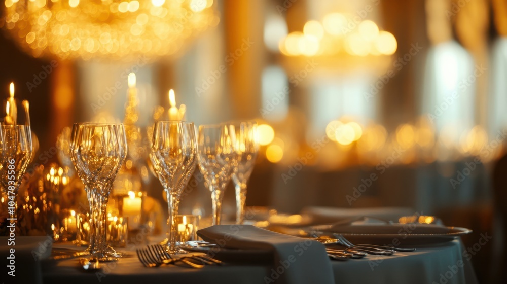 Formal corporate event hall with elegant chandeliers, refined table settings, and soft candlelight, isolated on white