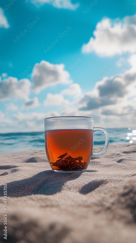 Relaxing Tea Break on Sunny Beach with Blue Sky Relaxing Tea Break on Sunny Beach with Blue Sky