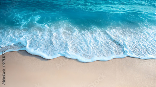 Aerial View of Crystal Clear Blue Sea Waves Gently Crashing on a Sandy Shoreline Under Bright Sunlight