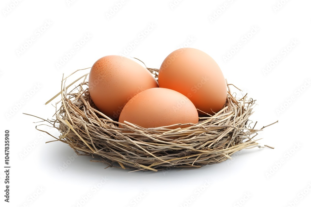 Three Brown Eggs in a Bird Nest on White Background Three Brown Eggs in a Bird Nest on White Background