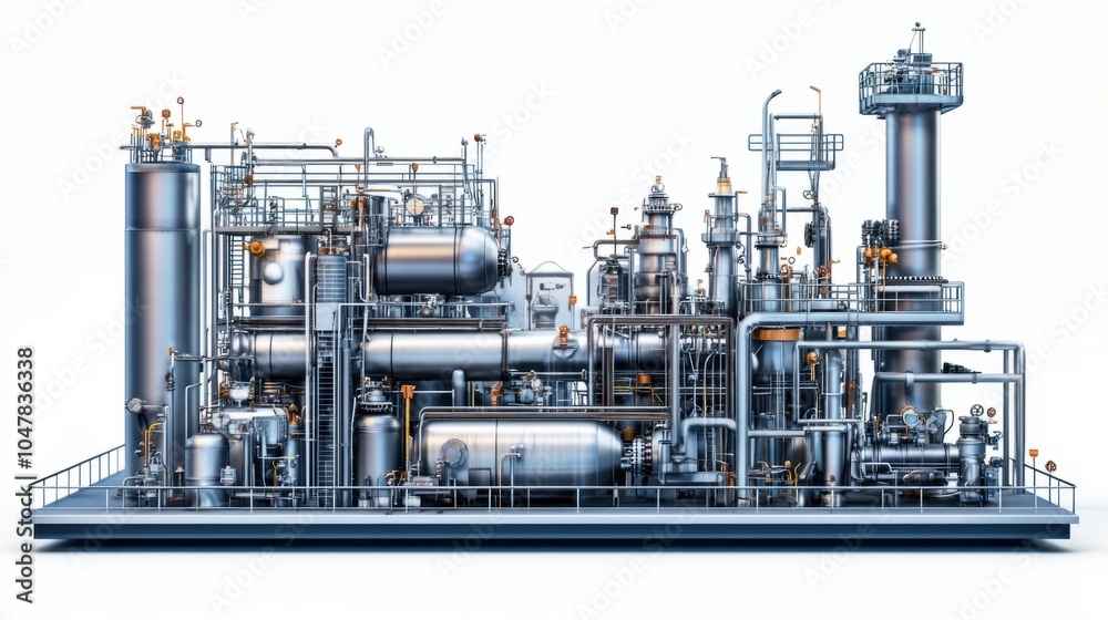 Industrial refinery structure with valves, pipes, and tanks, isolated on white background Industrial refinery structure with valves, pipes, and tanks, isolated on white background