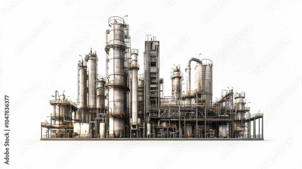 Industrial refinery unit with multiple processing towers and pipe systems, isolated on white background Industrial refinery unit with multiple processing towers and pipe systems, isolated on white background