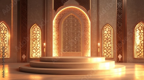 Illuminated Golden Platform in an Ornate Islamic Setting